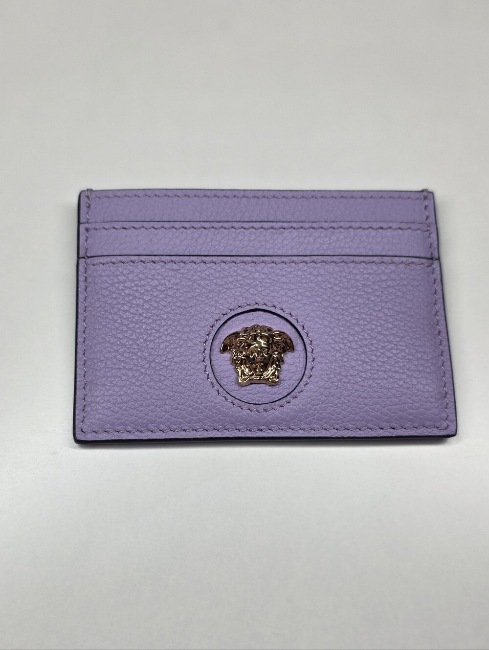 Versace Purple Leather Card Holder with Gold Medusa Emblem